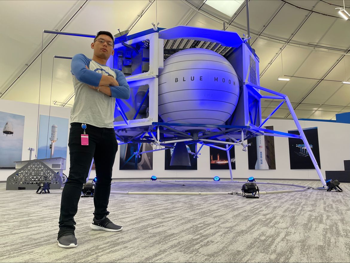Don in front of the Blue Moon lunar lander